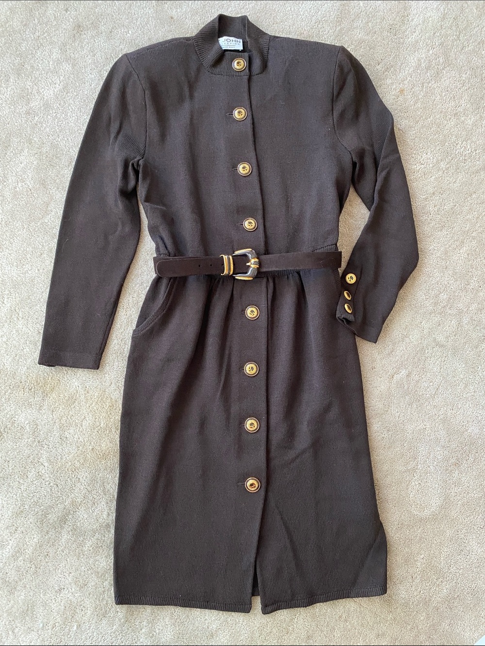 Vintage St. John Collection Chocolate Brown Button-Front Knit Dress with Belt